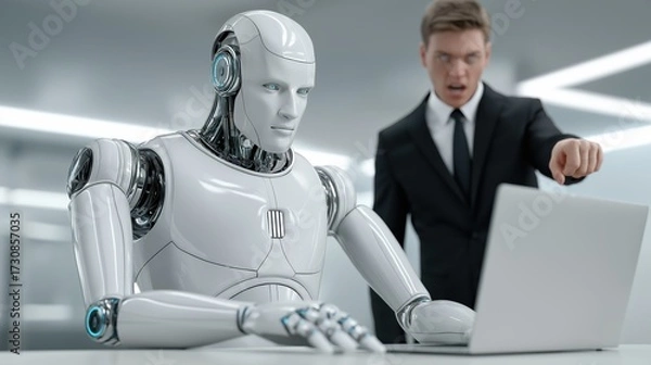 Fototapeta Angry businessman scolding humanoid robot while it works tensely at futuristic desk with glowing laptop, conveying frustration and tension.