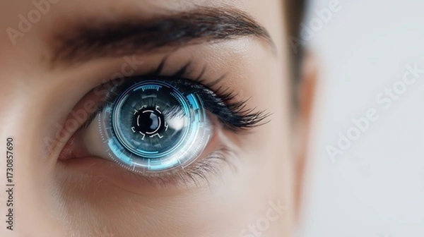 Fototapeta Futuristic woman with cybernetic eye panel integrating advanced technology in her face.