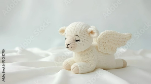 Fototapeta A delicate white knitted angel plush with small wings rests on soft fabric, creating a serene, cozy scene ideal for nurseries, kids’ rooms, gifts, or holiday décor.