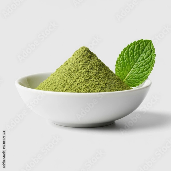 Obraz Vibrant, finely ground matcha powder in a transparent matte ceramic bowl with a fresh mint leaf, studio shot from 45-degree angle against transparent. Concept of premium freshness