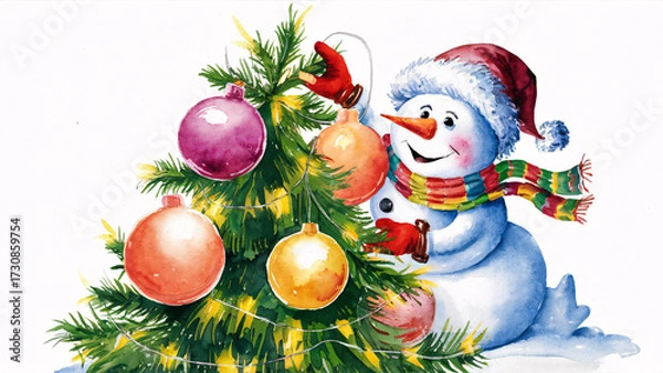 Fototapeta A friendly snowman dresses a colorful scarf while hanging ornaments on a festive Christmas tree in a bright, cheerful winter scene.