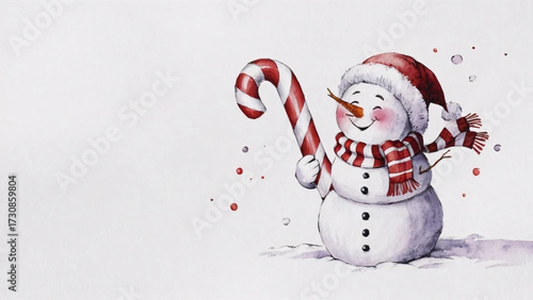 Fototapeta Whimsical snowman stands in a snowy scene, smiling with rosy cheeks, holding a striped candy cane. Red scarf and hat add festive charm, evoking warm holiday memories and family joy.