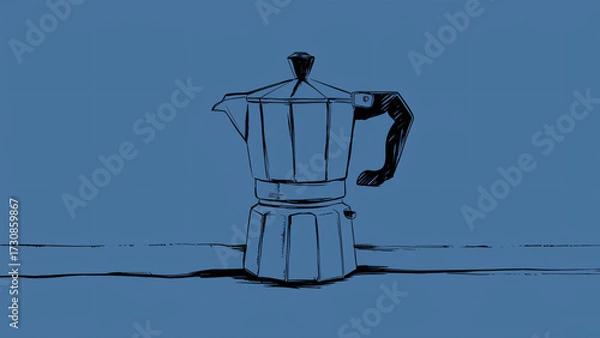 Fototapeta A hand-drawn moka pot sits on a calm blue surface in a minimalist sketch, evoking morning rituals, coffee aroma, and cozy home vibes. Ideal for coffee, kitchen, and lifestyle visuals.