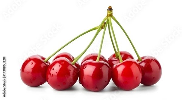 Obraz flying Fresh cherries with green stems,