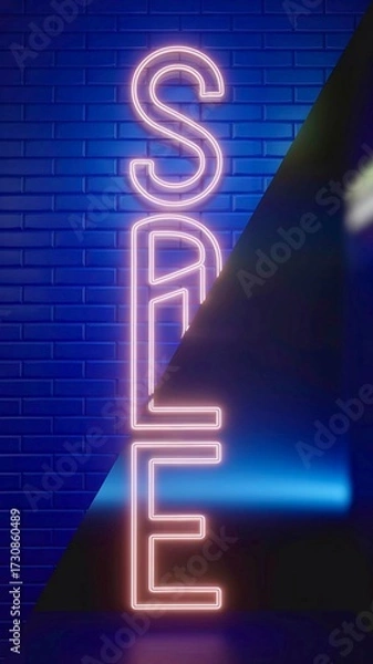 Fototapeta A vibrant neon sign spelling SALE in bright pink outlines, mounted on a deep blue brick wall. A bold urban nightlife vibe enhanced by a diagonal shadow and soft blue glow.