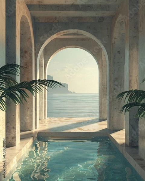 Fototapeta Serene Interior Pool Overlooking Calm Ocean at Sunset with Arched Columns and Lush Greenery in Modern Architecture