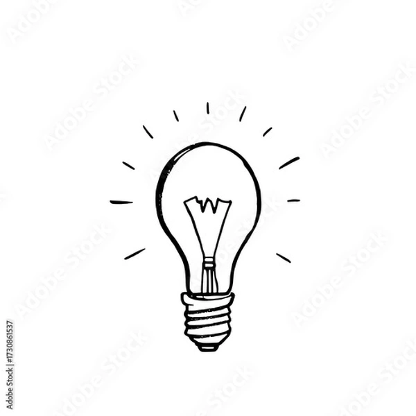 Fototapeta Hand-drawn Black Outline Light Bulb Icon with Radiating Lines, Doodle Style, Centered on a Clean White Background