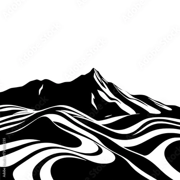Fototapeta High-Contrast Black and White Mountain Landscape with Undulating Wavy Terrain in Minimalist Graphic Style