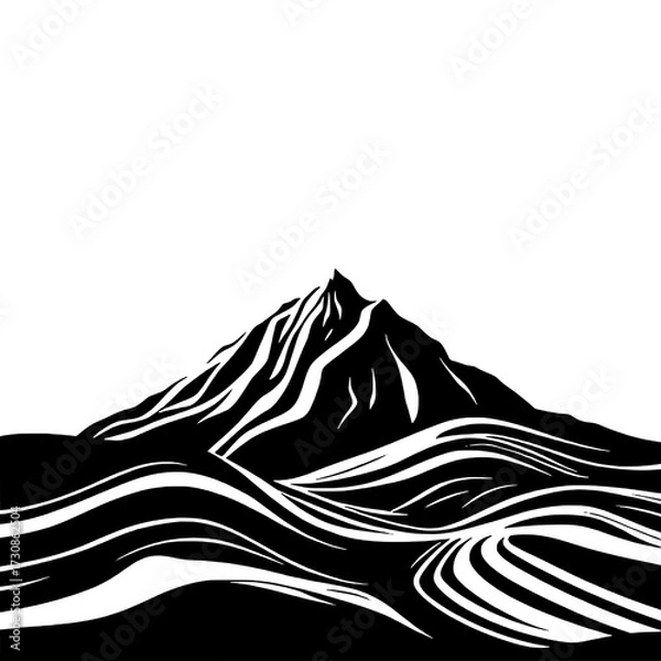 Fototapeta Minimalist Black and White Stylized Mountain Landscape Illustration with Flowing Abstract Contours and Foreground Waves