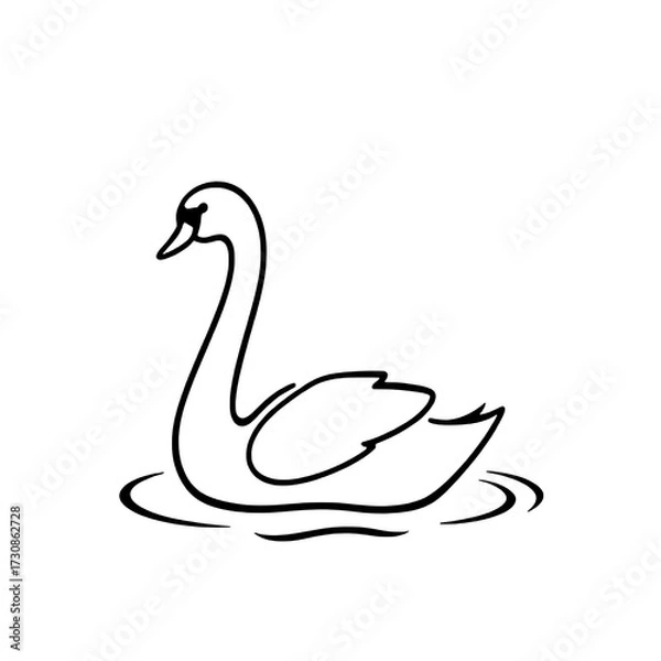 Fototapeta Minimalist Black Outline Swan Icon Swimming on Water Ripples, Simple Flat Graphic on White Background