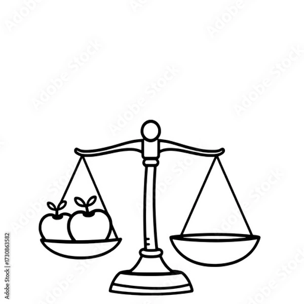 Fototapeta Hand-drawn Outline Balance Scale with Apples: Black Line Art Icon on White Background