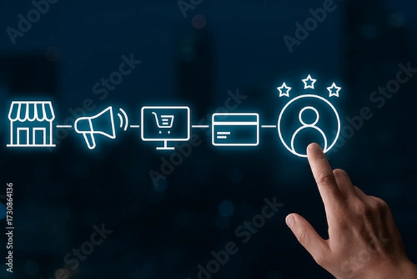 Obraz Futuristic commerce flowchart glowing icons hand interaction customer journey marketing shopping payment loyalty technology innovation digital business efficiency visualization