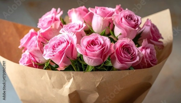 Obraz Beautiful bouquet of pink roses wrapped in kraft paper