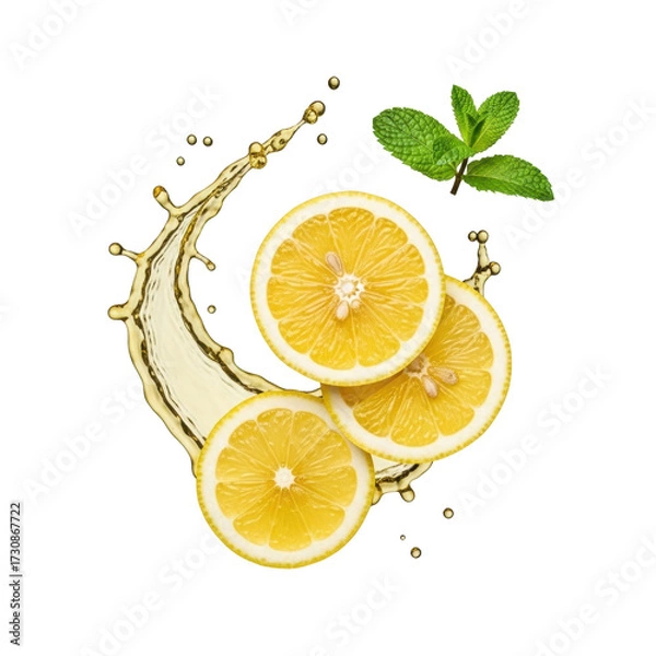 Fototapeta Macro shot of a vibrant, fresh-cut yellow lemon half, slices, and juice splash with mint sprig on a clean transparent background, high-key lighting, 45-degree top-down angle. Concept for refreshing