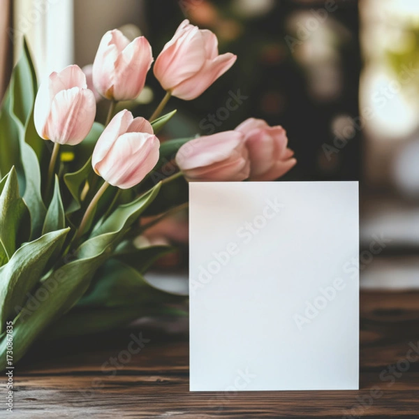 Fototapeta Blank card mock up on the table decorated with tulips