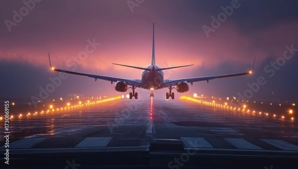Fototapeta A large jetliner touches down smoothly on a runway illuminated by warm-toned lights at dusk.