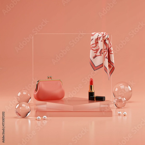 Fototapeta Fashion accessories displayed on elegant podium with transparent spheres  