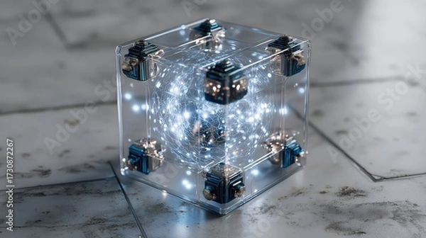 Fototapeta Hovering cubic energy core with transparent surfaces and glowing pulsating energy above reflective platform.