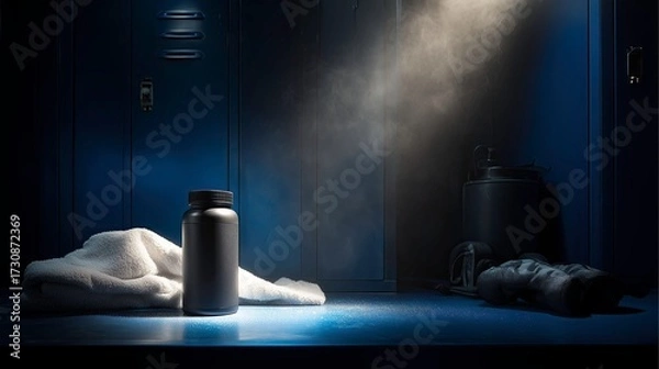 Obraz Dark locker room with fitness equipment and protein container  