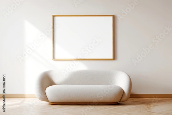 Fototapeta Blank wooden frame on the wall in minimalist interior with a modern white sofa, perfect for artwork or poster mockups