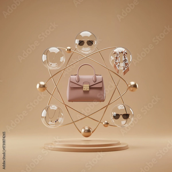 Fototapeta Fashion items encapsulated in transparent capsules on geometric display  