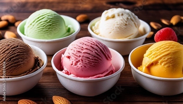 Fototapeta Ice Cream Assortment Various Colors Ice Creams Scoops Or Gelato With Nuts On Brown Wooden Table Frozen Yogurt In Small White Paper Cups Healthy Summer Dessert Horizontal Background
