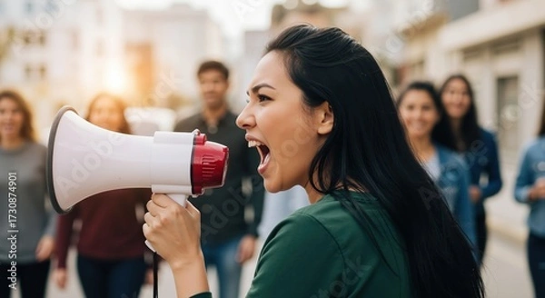 Fototapeta Young woman activist shouting into a megaphone at a protest. Female leader at a public demonstration with a crowd. Social activism and freedom of speech concept