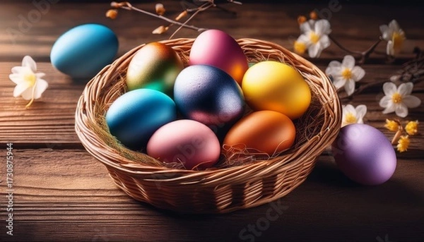 Fototapeta Colorful Easter Eggs Resting In A Basket On Rustic Wooden Table