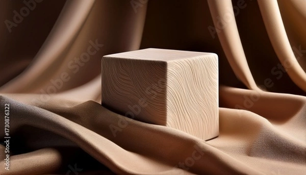 Fototapeta Textured Cube On Draped Fabric For Product Display And Minimalist Presentation