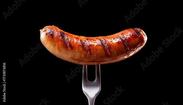 Fototapeta Close Up Of A Grilled Sausage On A Fork Isolated On A Transparent Background Ready For Advertising Or Design Projects