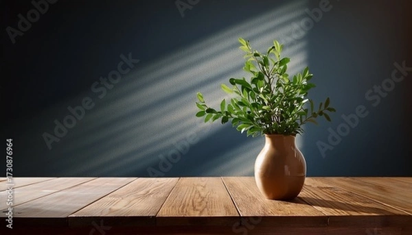 Fototapeta A Vase With A Plant In It Sits On A Wooden Table