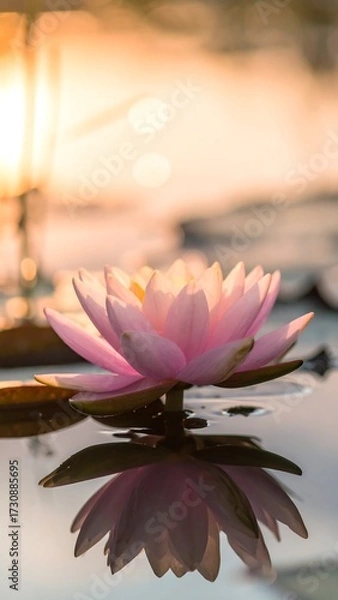 Obraz Beautiful pink lotus flower on water at sunset