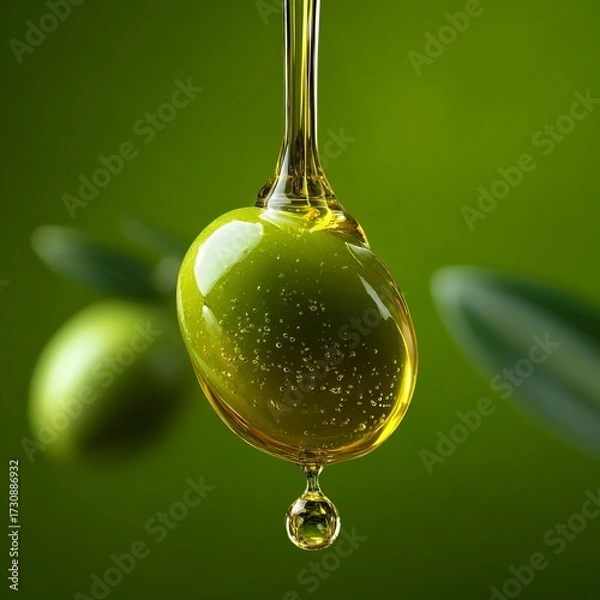 Fototapeta Olive oil drop falling from an olive, highlighting its fresh and useful nature for cooking and health