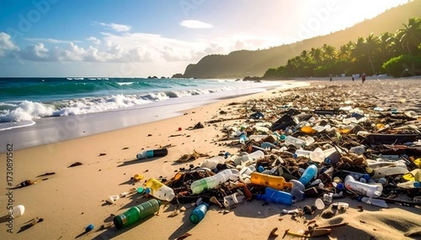 Fototapeta Plastic Pollution on Beach.