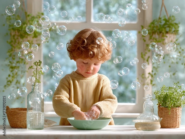 Obraz Child carefully washing hands with soap under running water, promoting personal hygiene and cleanliness in bright, sanitized bathroom environment