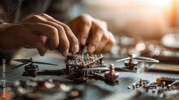 Obraz Hands work on assembling a drone with electronic components in a well-lit workshop