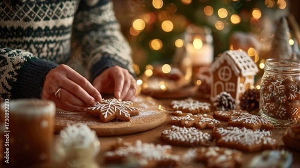 Obraz Decorating festive gingerbread cookies during a cozy holiday gathering in a warm, inviting home setting