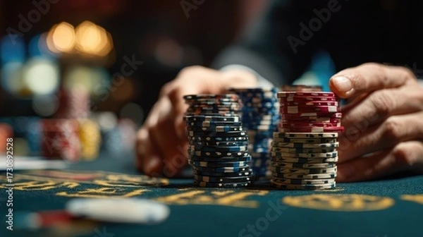 Obraz Players examine stacks of poker chips while engaged in an intense card game during a lively casino night in Las Vegas