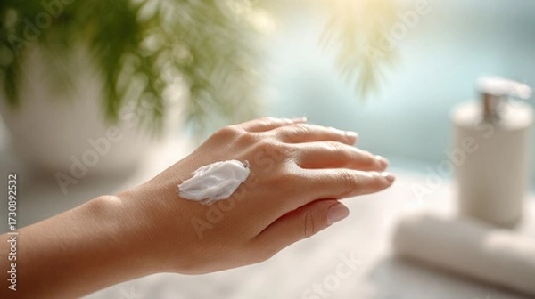 Obraz Applying moisturizer to a hand in a bright, serene bathroom setting with soft sunlight streaming in