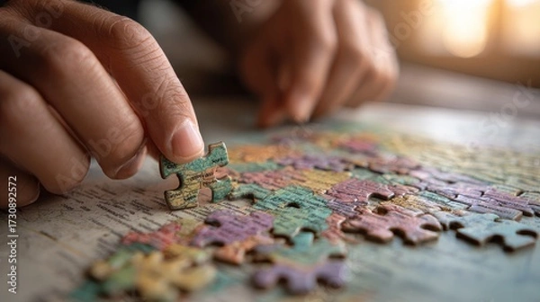 Obraz Engaging adult hands assembling colorful jigsaw pieces on a world map at home during a cozy afternoon
