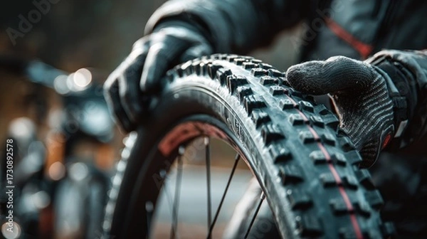 Obraz Cyclist performing maintenance on a mountain bike tire during outdoor adventure in the early morning light