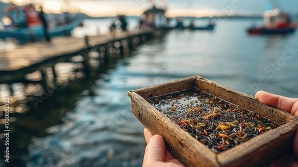 Obraz Collecting colorful sea creatures at a waterfront dock during sunset in a coastal town