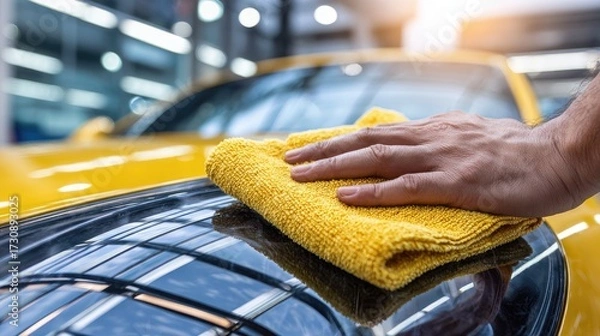 Obraz Detailing a bright yellow car with a microfiber cloth in a modern garage during daytime