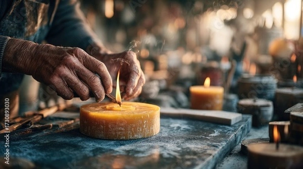 Obraz Artisan candle making process in a warm workshop filled with various tools and wax candles