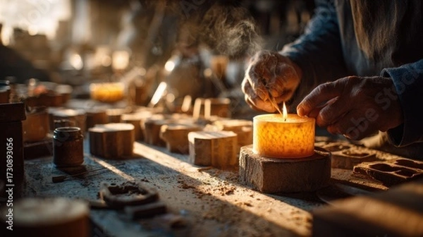 Obraz Crafting a beautiful candle in a warm workshop at twilight, showcasing skilled hands and intricate designs
