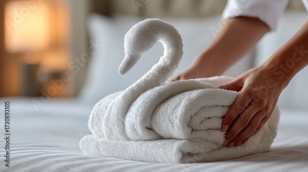 Obraz Creative towel folding creates a swan on a neatly made hotel bed, showcasing attention to detail in hospitality during the morning hours