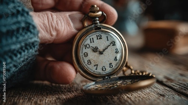 Obraz Vintage pocket watch held in hand with rustic wooden background showcasing timekeeping craftsmanship