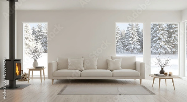 Obraz Inviting winter retreat with cozy fireplace and snowy forest view, a tranquil scene, perfect for home decor, lifestyle, or seasonal design projects