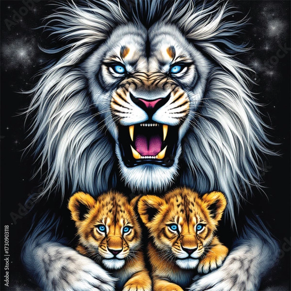 Obraz Mystical Lion Family Vector — Black and White Illustration with Blue-Eyed Cubs, Protective Pose, and Cosmic Starry Background
