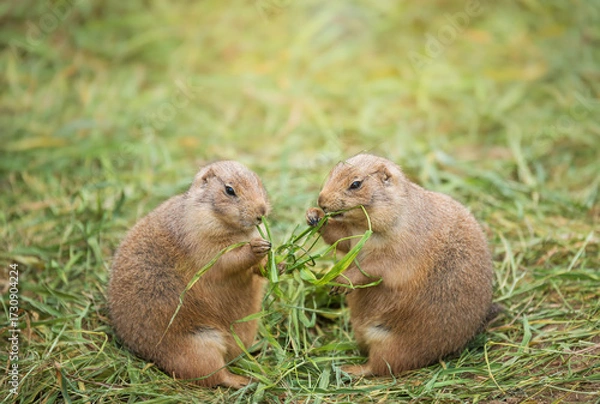 Fototapeta Pair of prairie dogs are sitting nearby and eating green grass. Herbivorous burrowing ground squirrels, social animal, love, animal life.